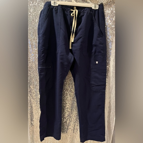 Figs Pants - Figs Straight Leg Scrub Pants in Navy with Cream Drawstring